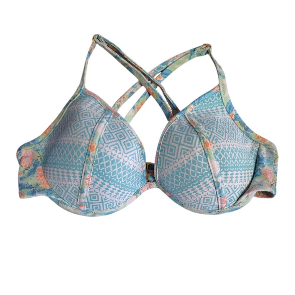 Victoria's Secret 2014‎ Teal Green Geo Floral Bombshell Bikini Swim Top 34C /Med